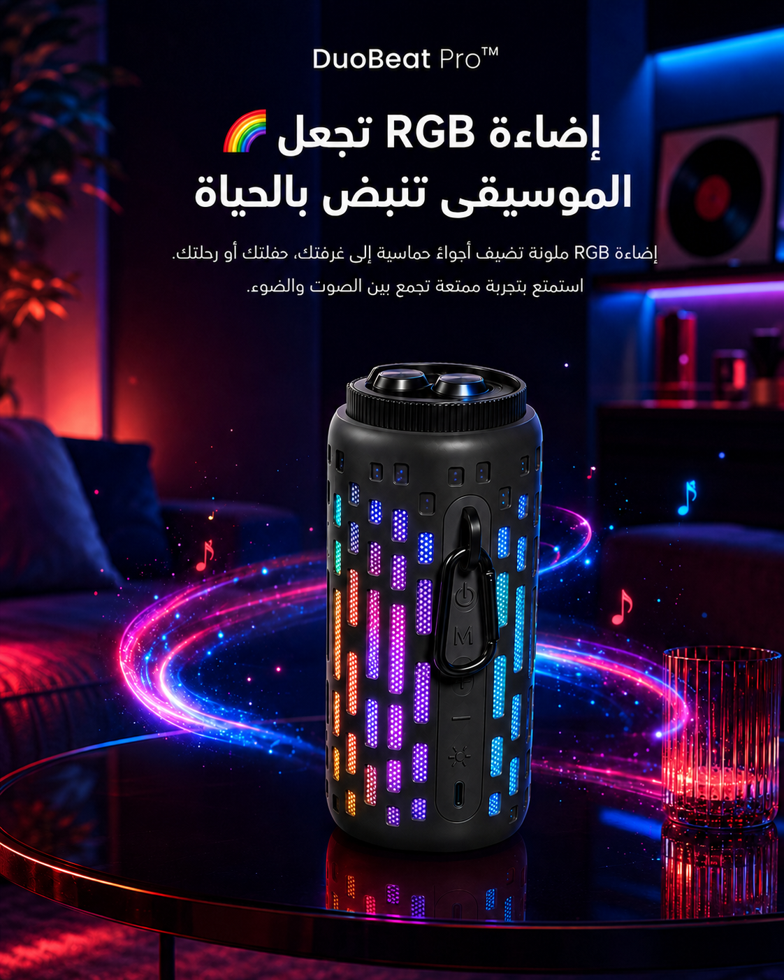 🔥 مكبّر صوت محمول مع سماعتين لاسلكيتين وإضاءة RGB – جهازان في واحد  DuoBeat Pro™