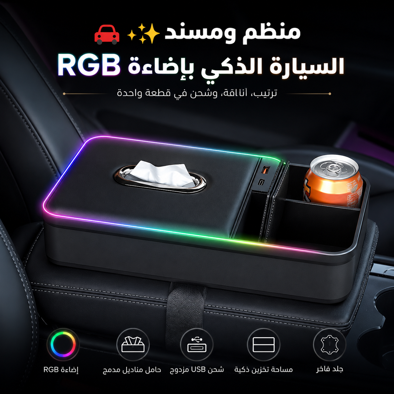 🚗✨ منظم ومسند السيارة الذكي مع إضاءة آر جي بي وشحن يو إس بي