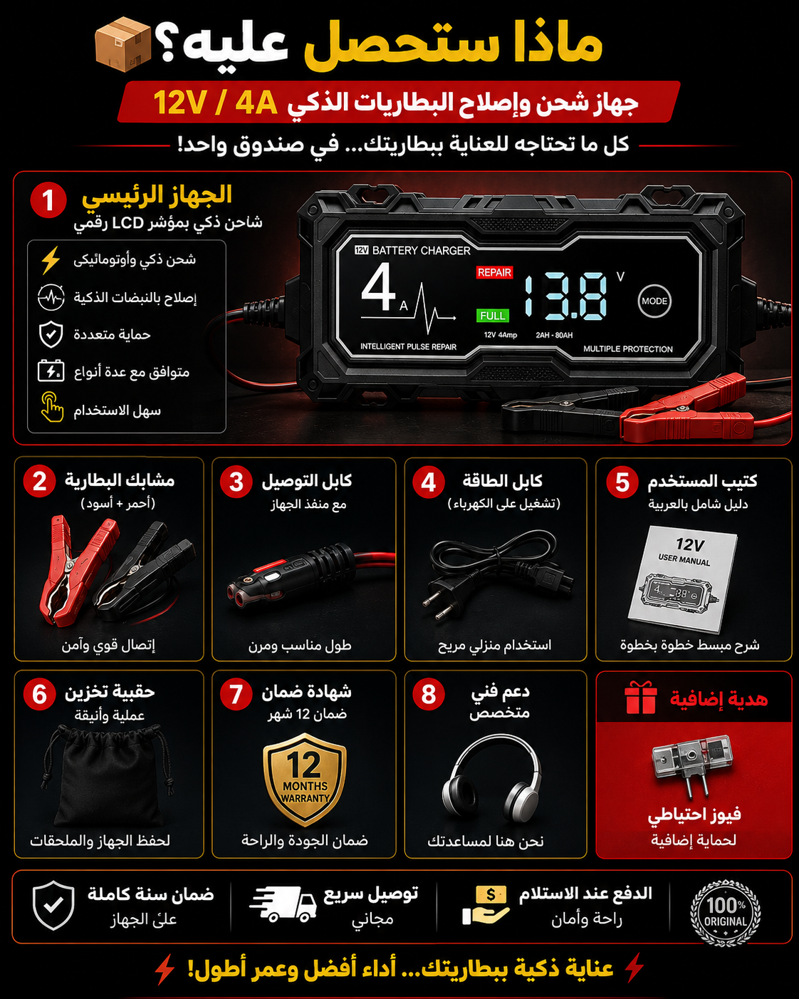 🔋⚡ شاحن البطارية الذكي 12V / 4A مع شاشة LCD ووضع الإصلاح بالنبضات