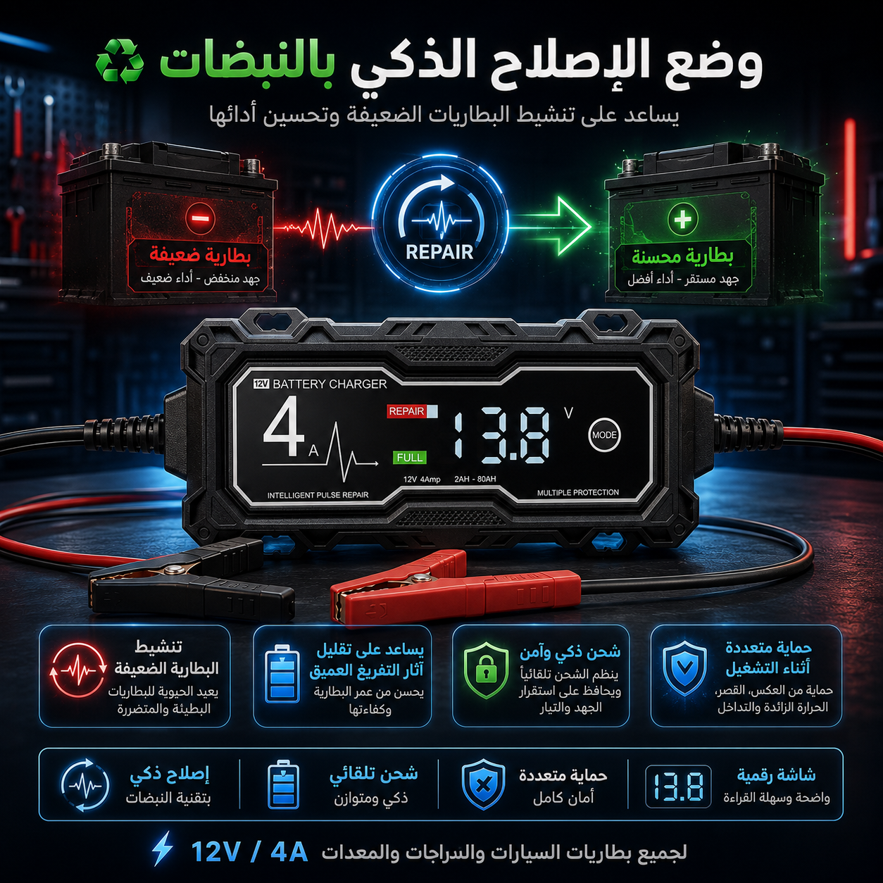 🔋⚡ شاحن البطارية الذكي 12V / 4A مع شاشة LCD ووضع الإصلاح بالنبضات