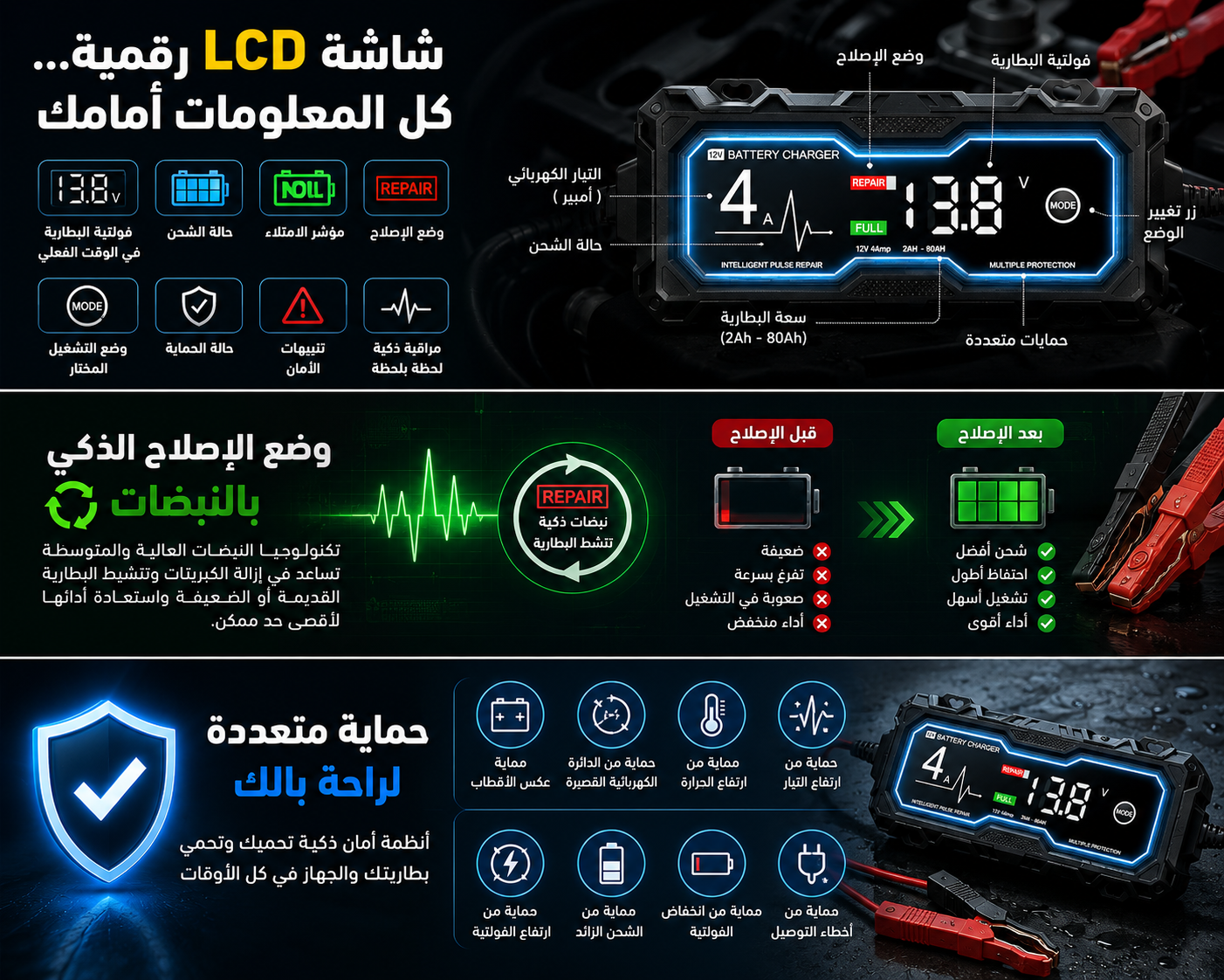 🔋⚡ شاحن البطارية الذكي 12V / 4A مع شاشة LCD ووضع الإصلاح بالنبضات