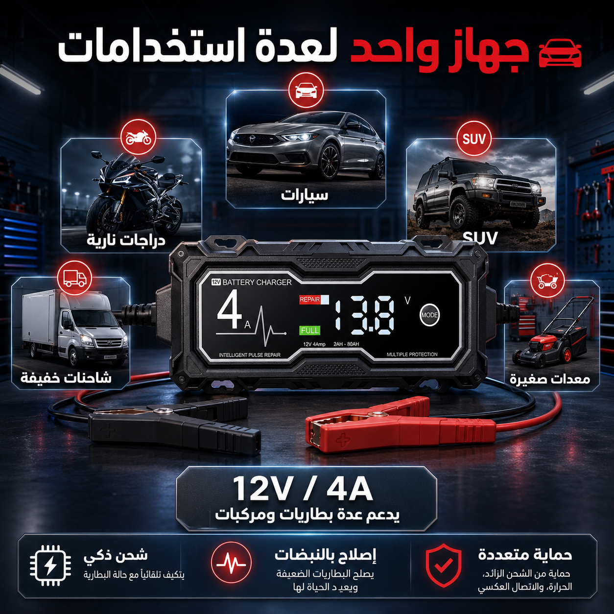 🔋⚡ شاحن البطارية الذكي 12V / 4A مع شاشة LCD ووضع الإصلاح بالنبضات