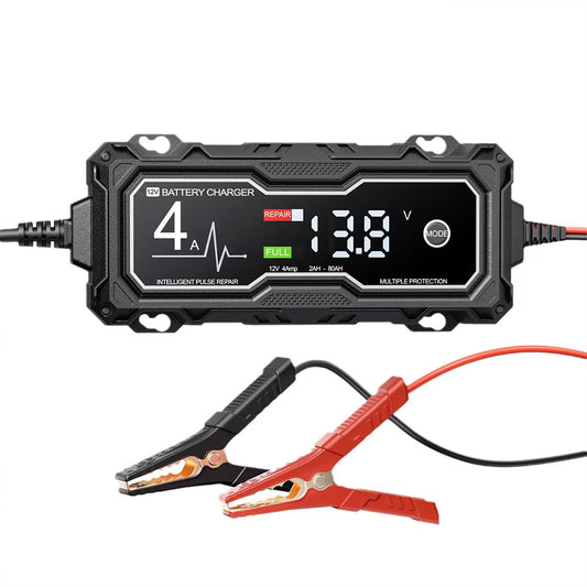🔋⚡ شاحن البطارية الذكي 12V / 4A مع شاشة LCD ووضع الإصلاح بالنبضات