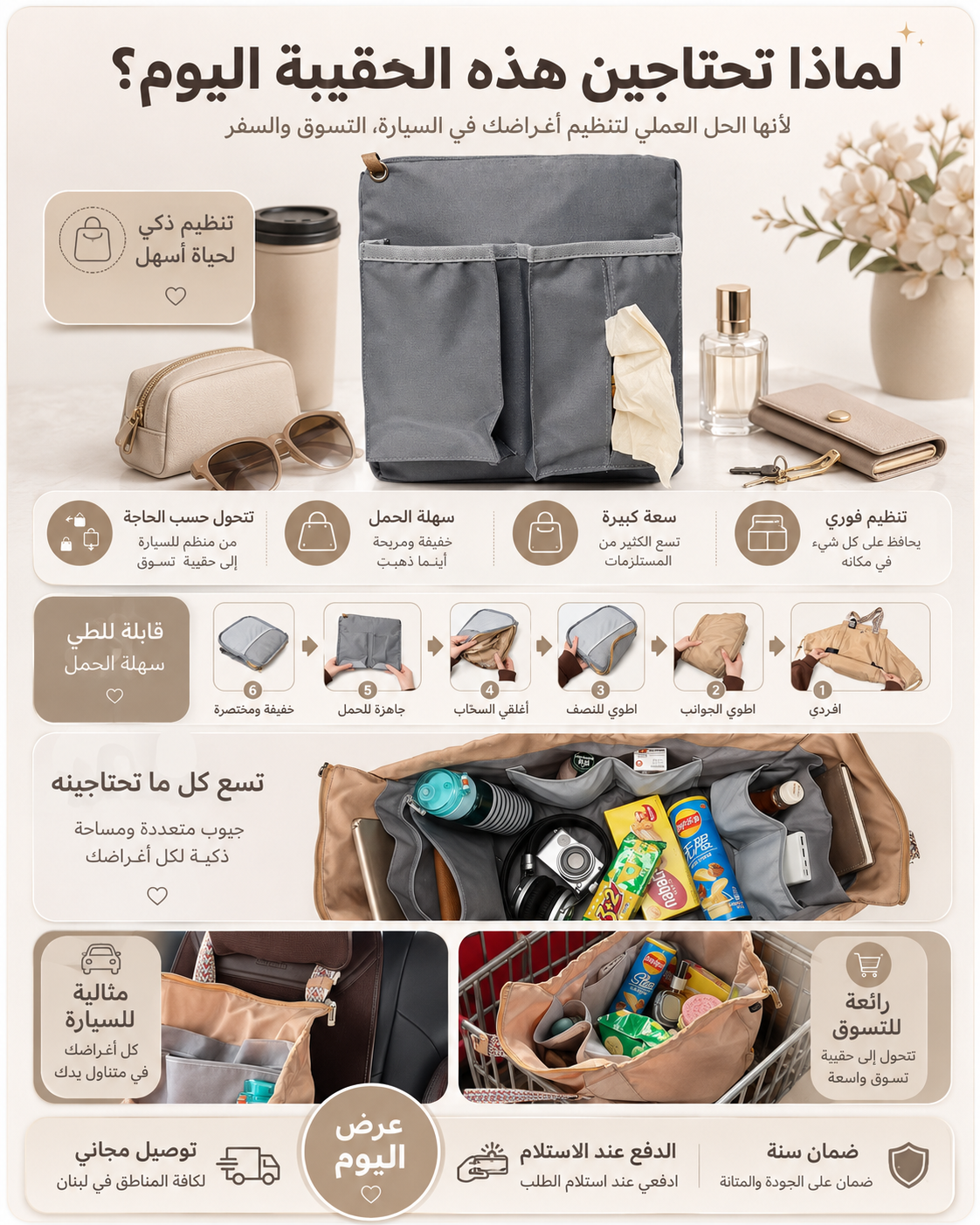 الحقيبة الذكية 5 في 1… الحلّ المثالي للسيارة والتسوّق والسفر! 👜🚗🛒✈️
